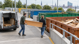 Zerlegtes Holzregal wird auf einem Recyclinghof abgegeben