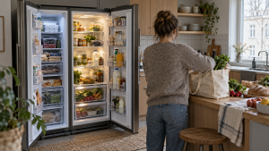 Geöffneter Side-by-Side-Kühlschrank beim Einräumen der Einkäufe