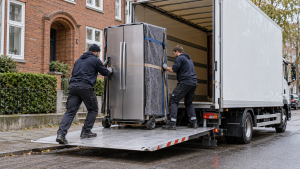 Side-by-Side-Kühlschrank wird in einen Umzugswagen geladen