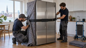 Side-by-Side-Kühlschrank wird für den Transport gesichert