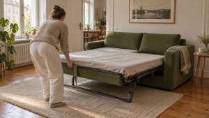 Schlafcouch wird in einer Hamburger Wohnung zum Bett ausgezogen