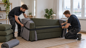 Schlafcouch wird mit Schutzdecken und Gurt für den Umzug gesichert