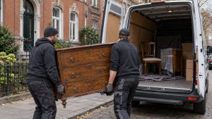 Alte Kommode wird in einen Transporter geladen